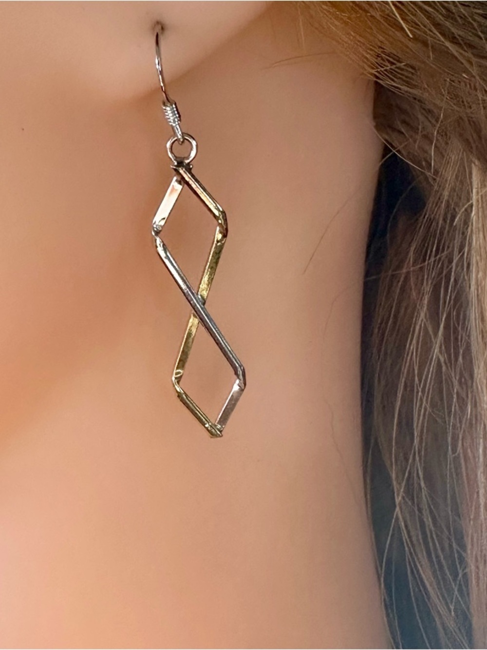 Two Tone Silver Crossover Dangle Earrings